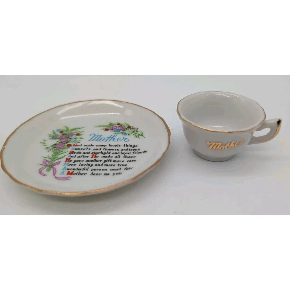Vintage MOTHER Porcelain Miniature Cup Plate Set Rose Bouquet Gold Trim